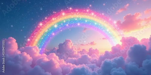 Pastel rainbow arc, twinkling stars on soft clouds, art, design