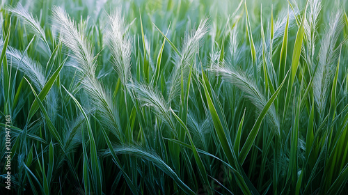 A serene winter morning with ice crystals and emerald grass photo