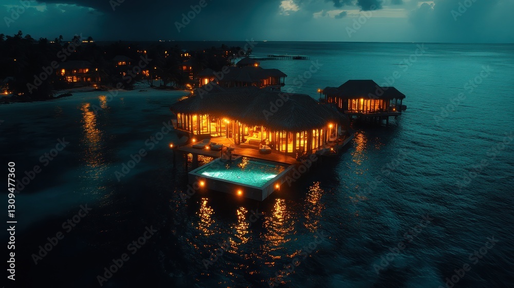 Obraz premium Luxurious overwater bungalows at night, Maldives