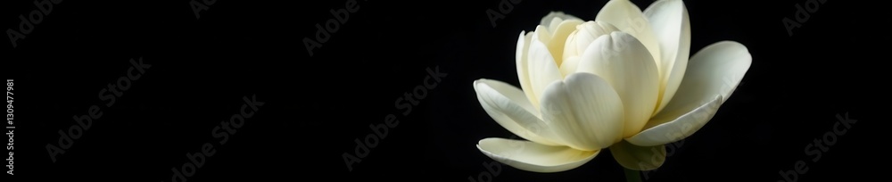 Obraz premium Single large white peony petal, stark black background Spring minimalism , floral card, clean