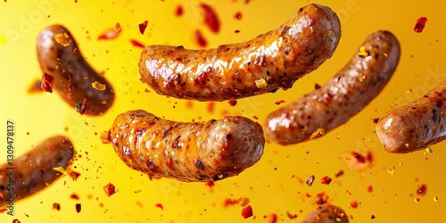 Sausage tossed in the air with a fiery chili glaze on a lively bright backdrop