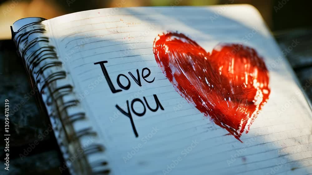 Heartfelt expression of affection captured in a notebook with a vibrant red heart and handwritten words in a serene outdoor setting