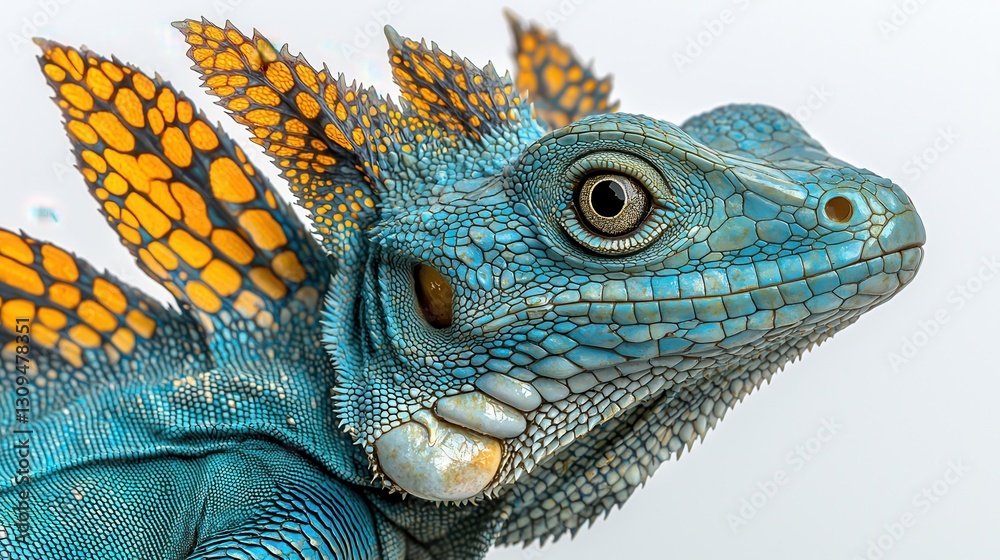 Fototapeta premium Blue iguana portrait facing right on plain white background showcasing scales and crest