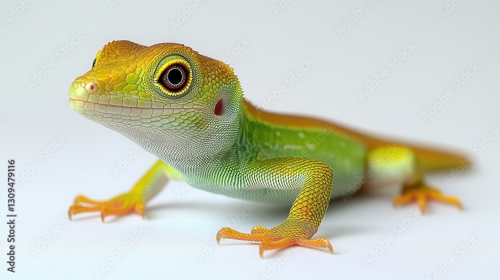 Obraz premium Colorful lizard crawls against white background. Detailed reptile portrait. Isolated wildlife