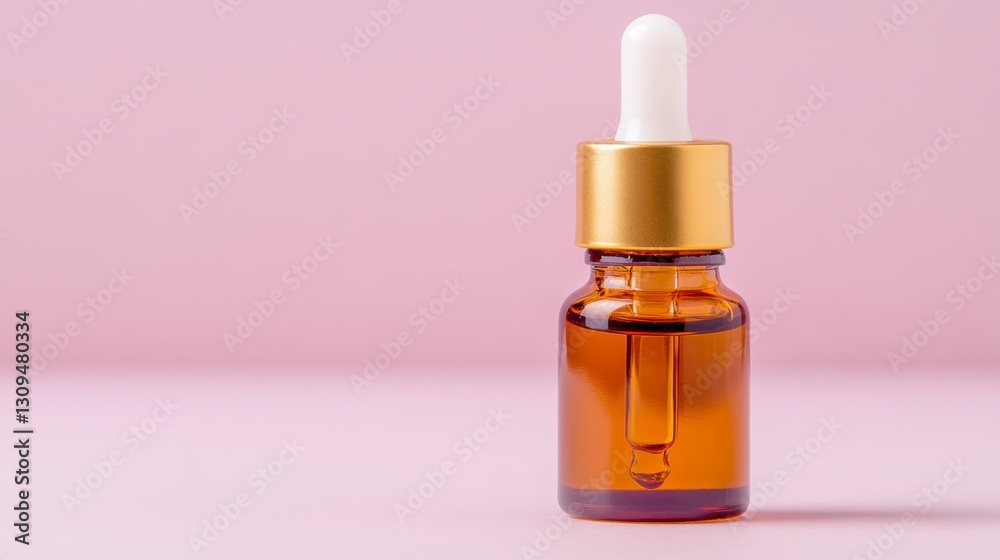 Amber glass bottle with gold dropper cap on pink background. Essential oil, serum, or skincare product. Minimalist product shot. Amber glass bottle with gold dropper cap on pink background. Essential oil, serum, or skincare product. Minimalist product shot.