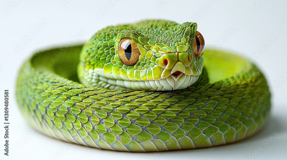 Fototapeta premium Green viper curled up, staring on bright background. Venomous creature, striking serpent