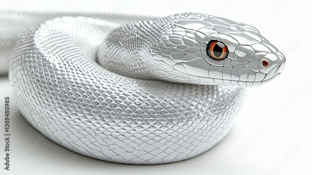 Fototapeta premium Metallic snake coiled, striking pose, white background, gleaming scales, reptilian focus