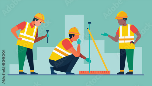 Workers in hard hats and bright vests carefully measuring and marking the site for precise construction.. Vector illustration