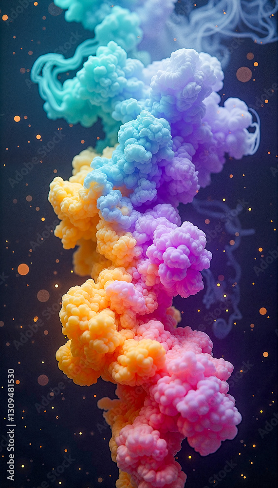 Fototapeta premium Swirling cosmic smoke in vibrant neon turquoise, deep violet, and golden yellow against a dark starry void, representing the beauty of the universe. For fashion, web design, art, mobile wallpaper