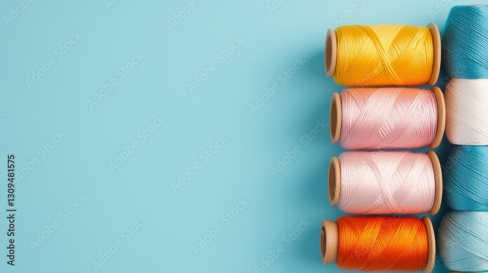 Obraz premium Colorful Thread Spools Against Light Blue Background