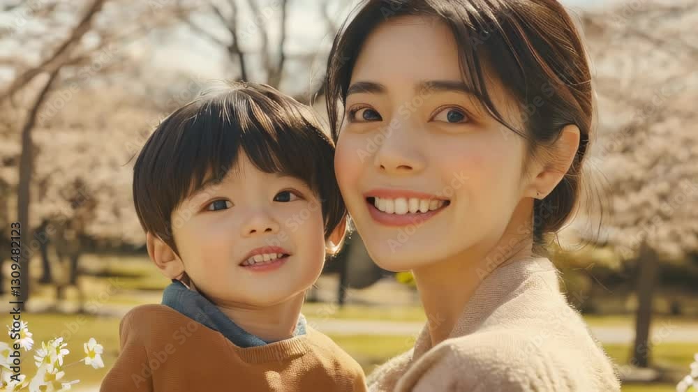 Mother and child enjoying a sunny day among blooming cherry blossoms in a park Mother and child enjoying a sunny day among blooming cherry blossoms in a park