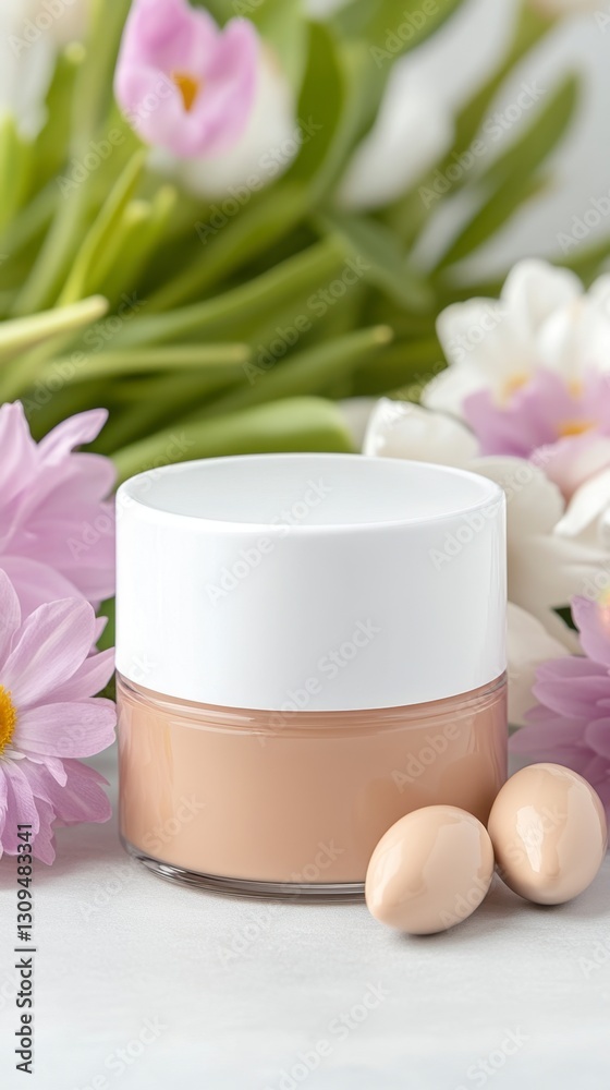 Beige cosmetic cream jar with white lid, surrounded by purple and white flowers and two light brown almond shaped objects. Soft lighting, bright background. Beige cosmetic cream jar with white lid, surrounded by purple and white flowers and two light brown almond shaped objects. Soft lighting, bright background.