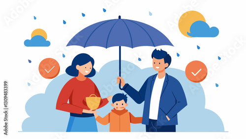 An umbrella shielding a parent and child from a storm representing the financial protection a Parent PLUS loan can provide during difficult times.. Vector illustration