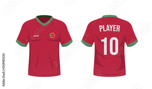 National soccer shirt of the Portugal national team. Front and back view soccer uniform. Sport shirt mock up. Vector stock