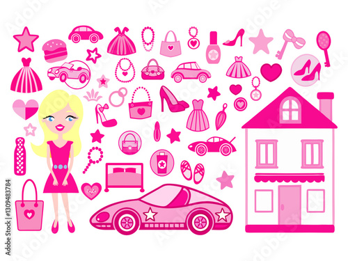 Blond Doll Girl Tiara Pink Heart Princess Shoes Star Perfume House Sport Car Makeup Necklace Shopping Bag DIY Gift Doodle Clipart Shape