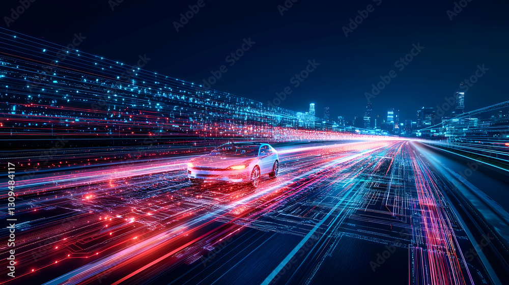Fototapeta premium Abstract Digital Data Stream with Red and Blue Light Trails on Black Background