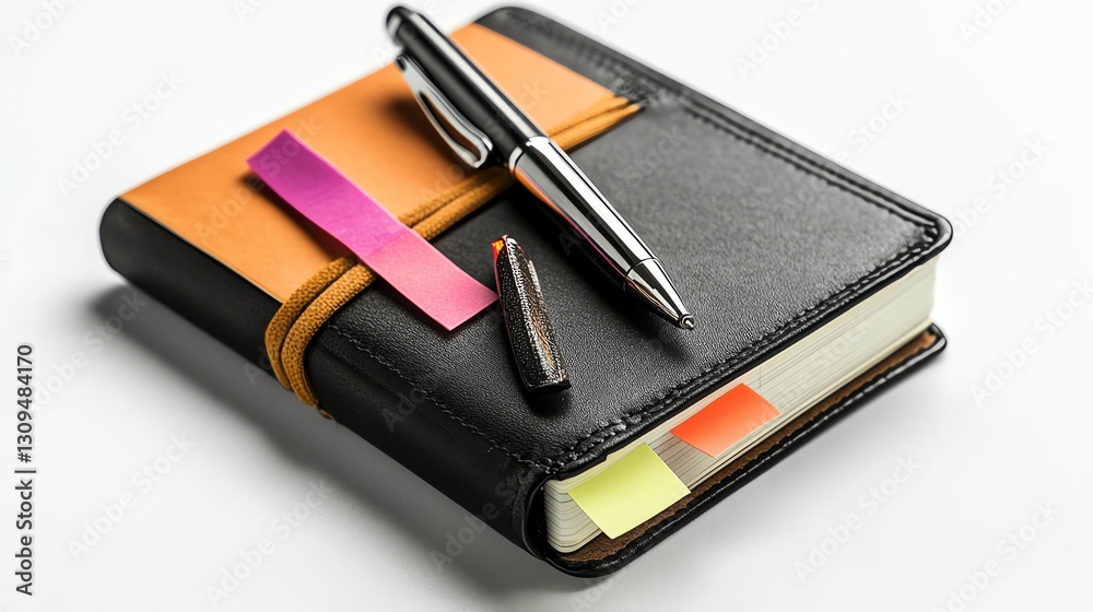 Notebook with colorful sticky notes and pens on a white background. Notebook with colorful sticky notes and pens on a white background.