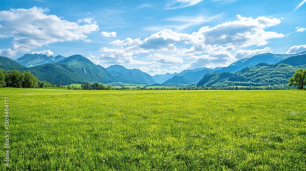 Serene Austrian Landscape with Vibrant Green Meadow and Majestic Mountains Under Clear Blue Sky, Ideal Sunny Summer Day Scenery Serene Austrian Landscape with Vibrant Green Meadow and Majestic Mountains Under Clear Blue Sky, Ideal Sunny Summer Day Scenery