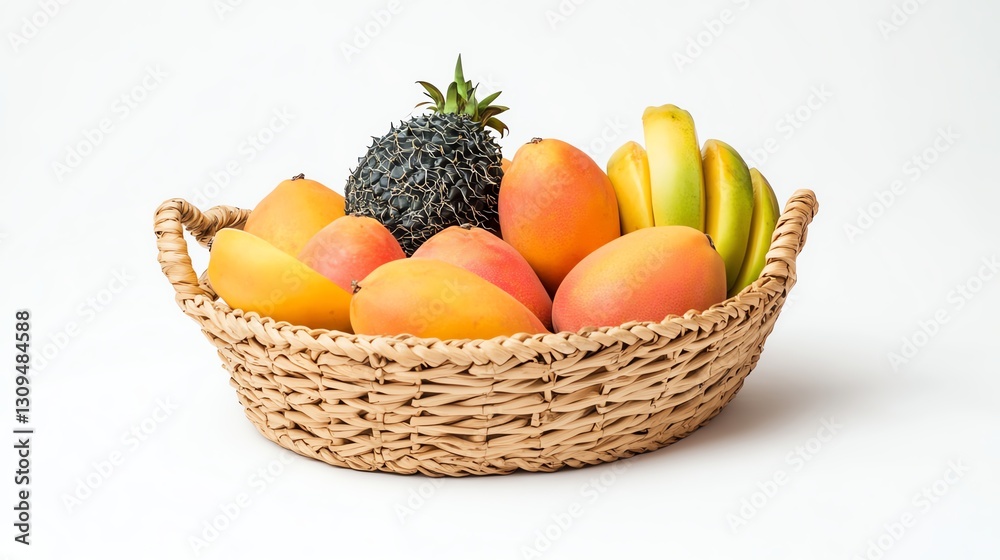 A vibrant basket filled with fresh fruits including mangoes and bananas. A vibrant basket filled with fresh fruits including mangoes and bananas.