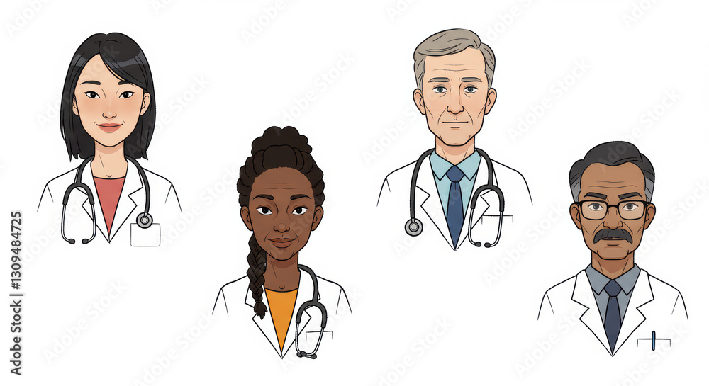 Diverse Group of Cartoon Doctors Standing Ready to Provide Medical Care Diverse Group of Cartoon Doctors Standing Ready to Provide Medical Care