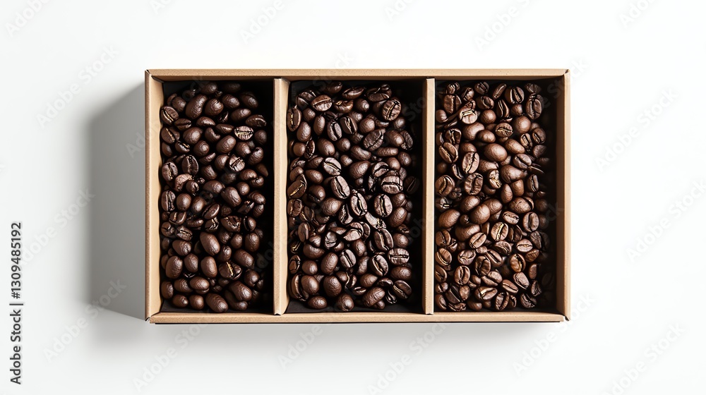 Coffee beans in a wooden box with three compartments on a white background. Coffee beans in a wooden box with three compartments on a white background.