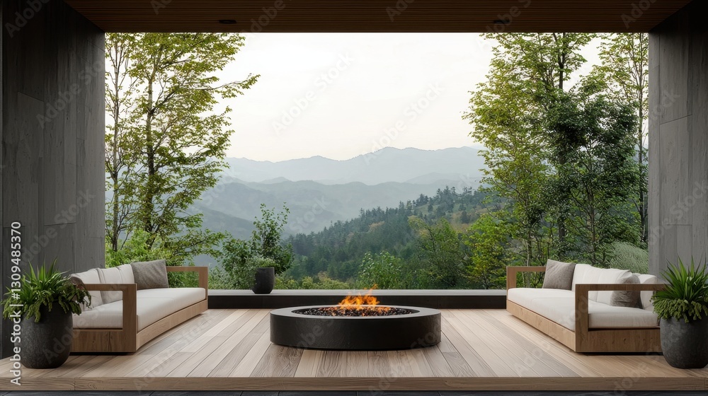 Fototapeta premium Elegant outdoor wooden deck with a sofa set and fire pit, perfect for summer relaxation.