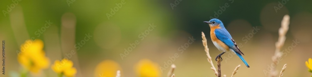 Vibrant bluebird perched on dry stem, wildflowers blurred background, wing, outdoor Vibrant bluebird perched on dry stem, wildflowers blurred background, wing, outdoor