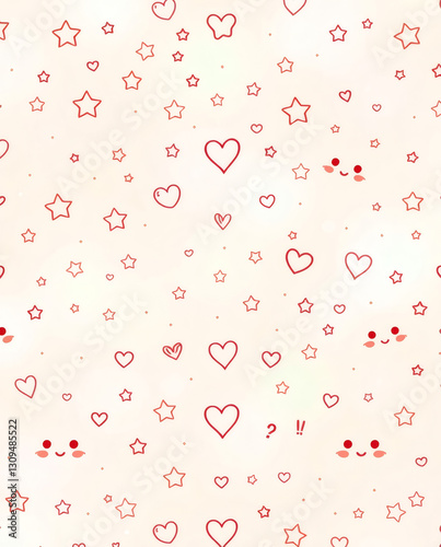  Kawaii-style doodle pattern with stars, hearts, and happy faces on a pastel background. | generative AI