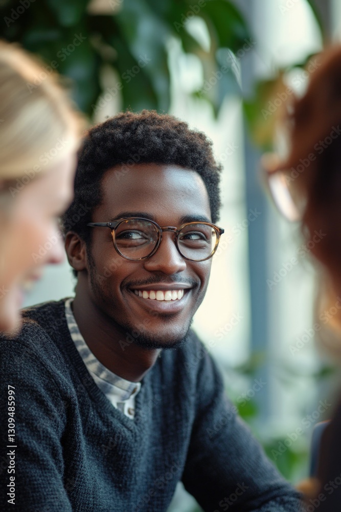 A man with glasses, beard and mustache is smiling warmly at the camera during a professional meeting. A man with glasses, beard and mustache is smiling warmly at the camera during a professional meeting.