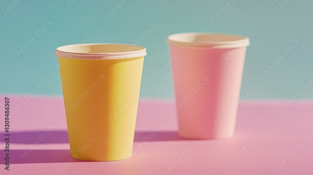 Two disposable plastic cups on a pink surface, one yellow and one pink. Ideal for outdoor events or parties. Two disposable plastic cups on a pink surface, one yellow and one pink. Ideal for outdoor events or parties.