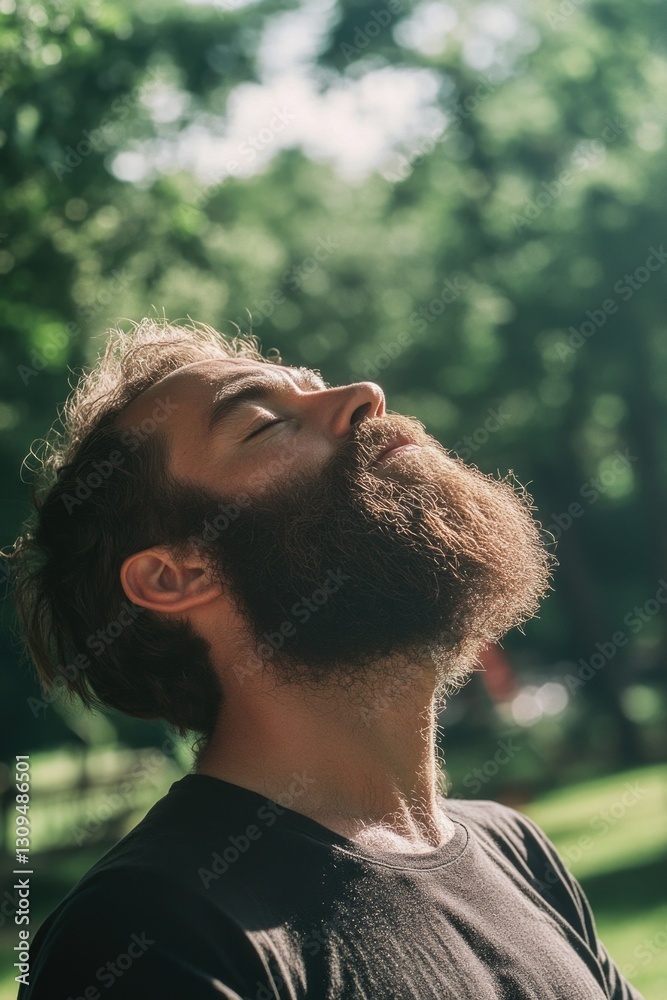 Man with beard and eyes closed, breathing deeply, under tree canopy. Man with beard and eyes closed, breathing deeply, under tree canopy.