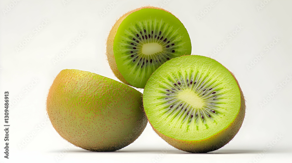 Fototapeta premium Freshly Cut Kiwi Fruit Slices Stacked on White Surface with Vibrant Green Colors