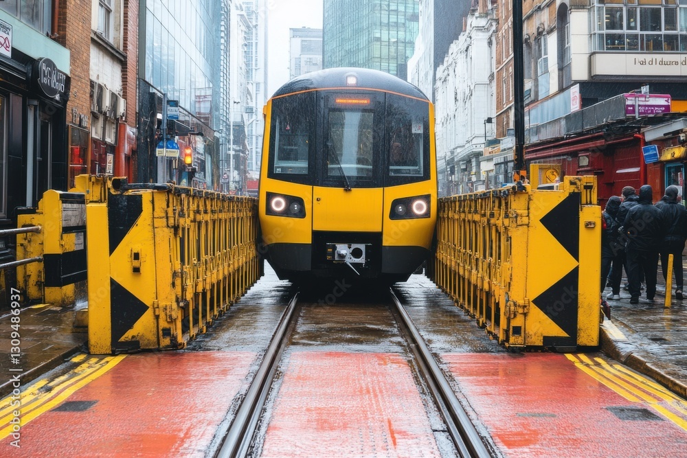 Fototapeta premium Bright Yellow Train Stopping at Rainy Urban Train Station