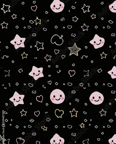  Kawaii-style doodle pattern with stars, hearts, and happy faces on a pastel background. | generative AI