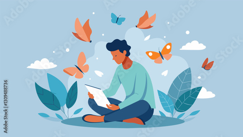 In a quiet moment a poet sits in nature surrounded by fluttering butterflies each one representing a different emotion to be captured in their. Vector illustration