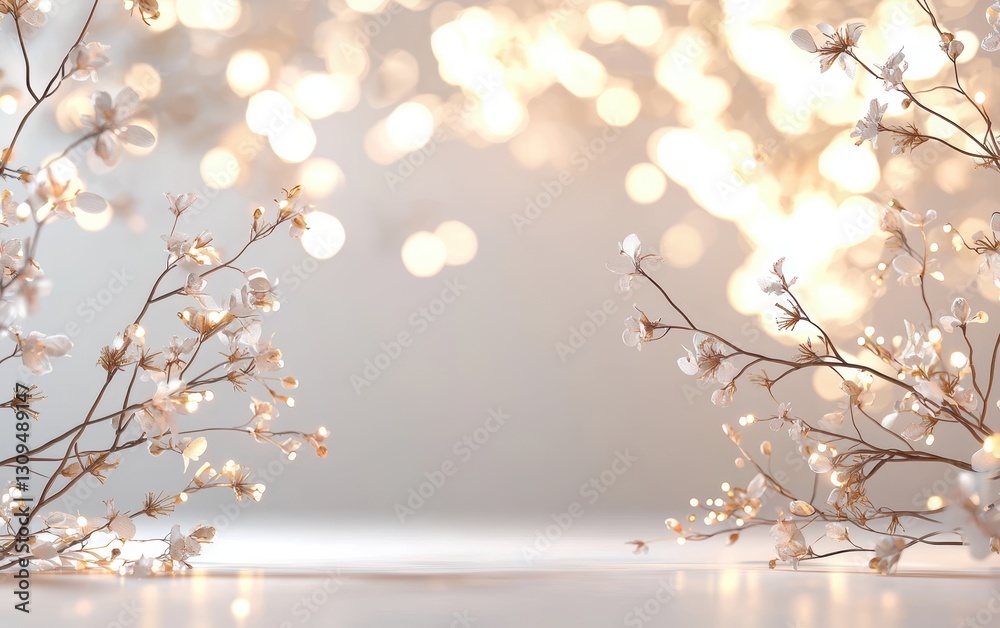 Fototapeta premium Spring 3d background minimalistic mockup with space for text, glowing soft golden bokeh light background