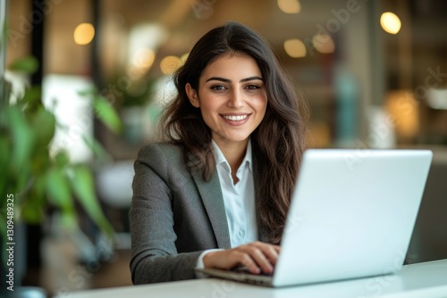 Young professional working on laptop in office setting.