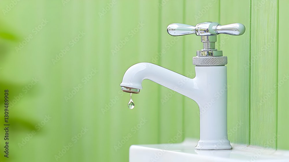 White Faucet Dripping Water with Green Wooden Wall in the Background White Faucet Dripping Water with Green Wooden Wall in the Background