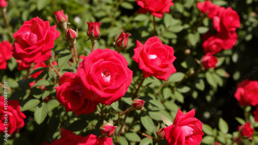 Close-up of blooming red roses surrounded by green leaves in a garden Close-up of blooming red roses surrounded by green leaves in a garden