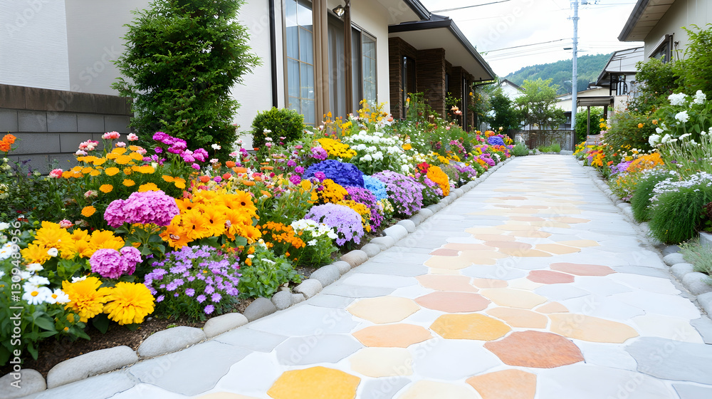 Fototapeta premium Colorful Garden Pathway, Residential Homes