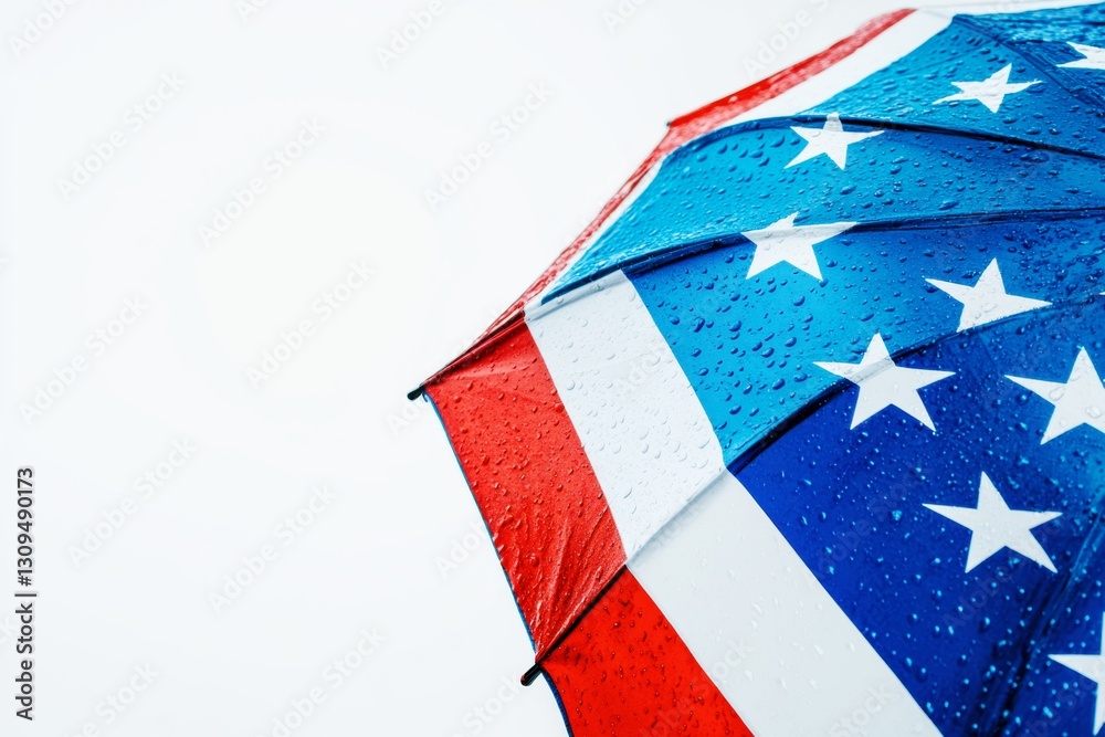 American flag-themed umbrella with raindrops on the surface, isolated on a white background