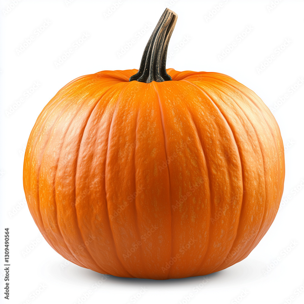 Obraz premium A whole round orange pumpkin with a textured surface and a sturdy stem, isolated on a white background