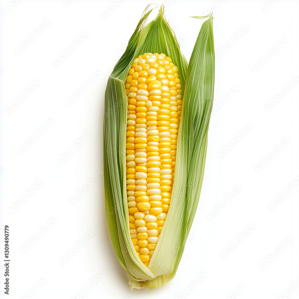 Obraz premium A whole fresh corn cob with bright yellow kernels and green husk partially peeled, isolated on a white background