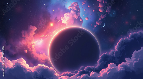 futuristic cosmic background, glowing nebula, partially hidden planet | generative AI