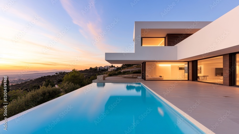 Fototapeta premium Modern Villa Pool at Sunset Infinity Edge, Minimalist Design, architecture, luxury