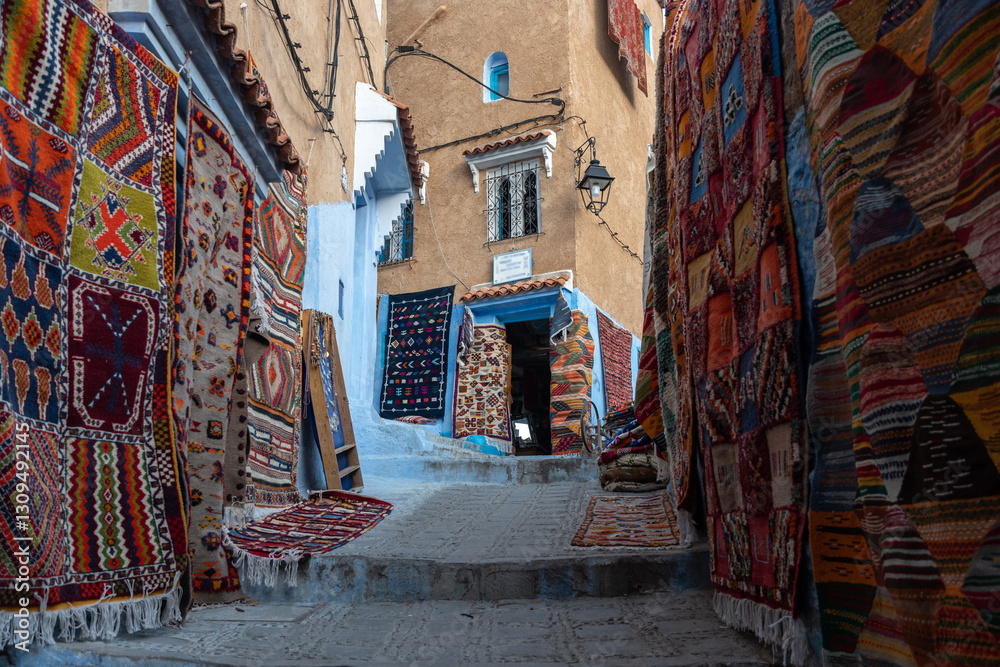 Naklejka premium Chefchaouen or Chaouen. The blue city in Morocco. Famous for its blue-washed buildings