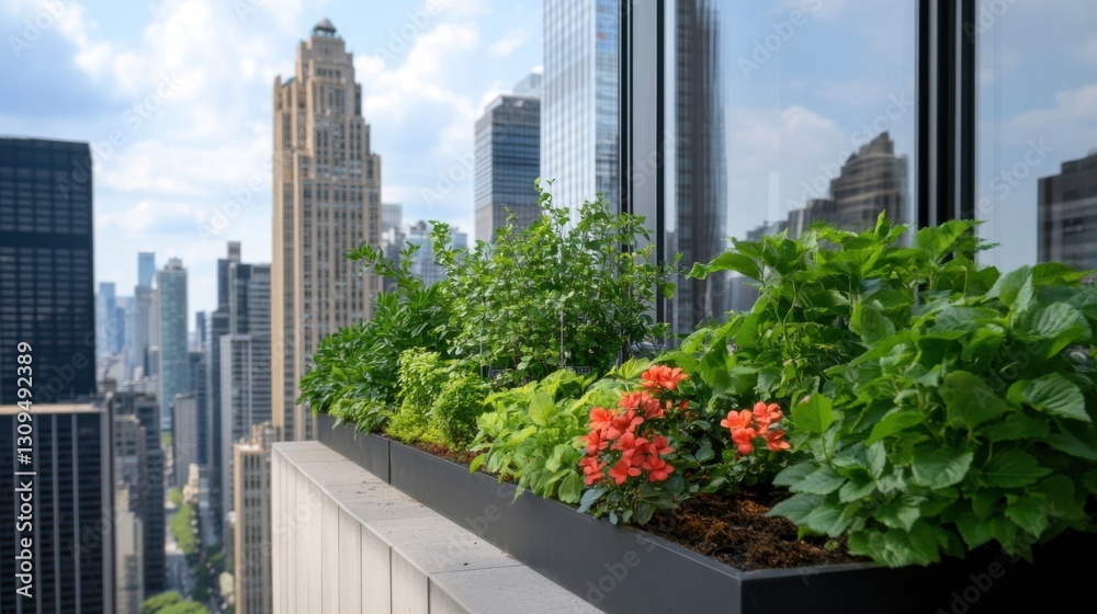 Fototapeta premium Rooftop garden with various plants in black planter box, overlooking cityscape.