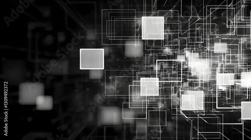 Abstract Digital Network Design with White Squares and Lines on Black Background