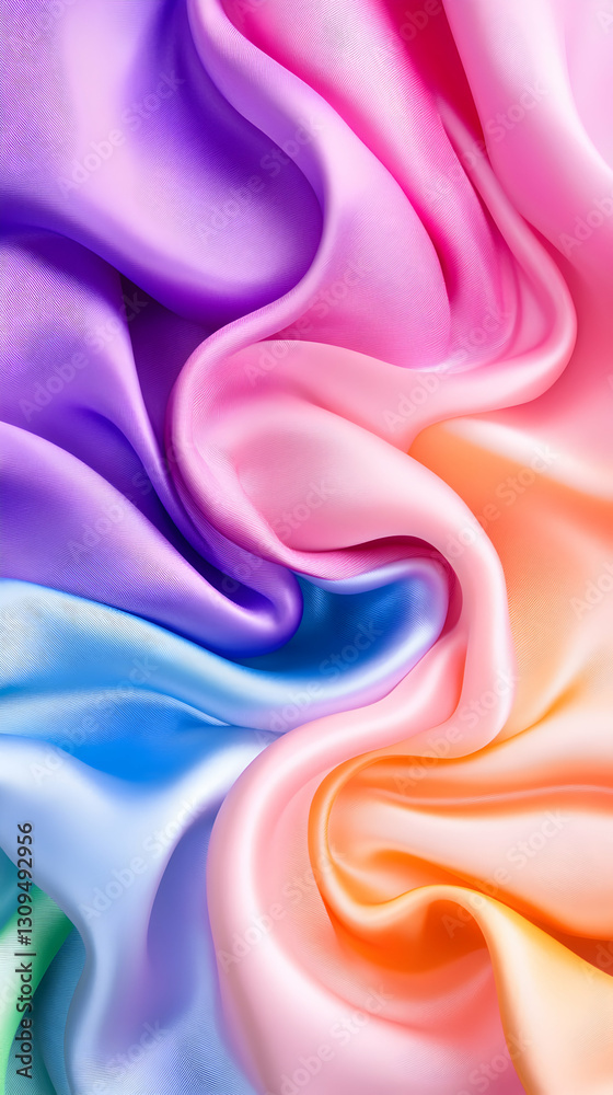 Obraz premium Colorful silk fabric with pastel rainbow hues, draped and flowing.