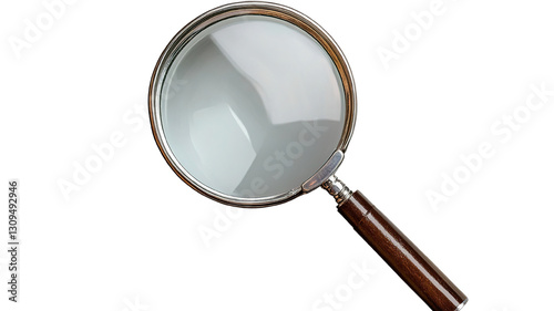 A magnifying glass with a silver frame and leather grip, isolated on a transparent background, suitable for historical or research-focused designs.